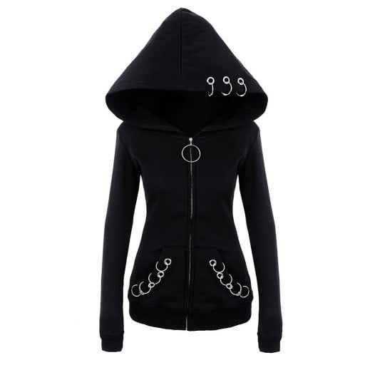 Felpa gotica da donna con grande cappuccio e zip Nera Anelli metallici sul cappuccio e sulle tasche Tirazip circolare Vestibilità aderente