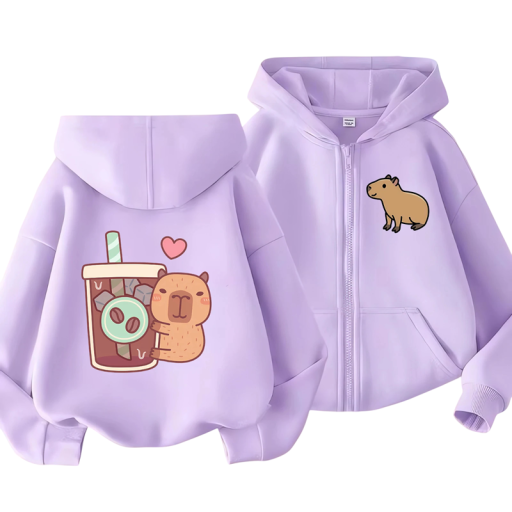 Felpa per bambini con cappuccio e zip motivi Kawaii capybara in poliestere Felpa monocolore con tasche stile manga per ragazzi e ragazze Vari colori