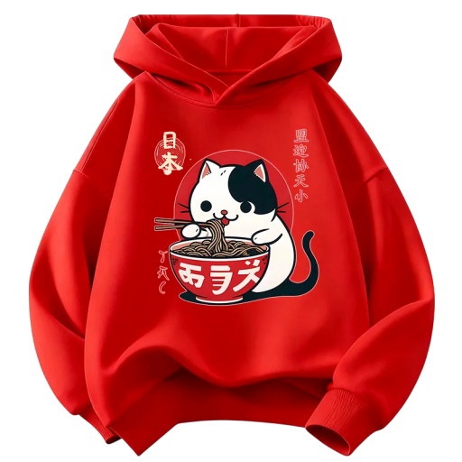Felpa per bambini in stile giapponese con cappuccio e stampa di gatto con scollo a girocollo, maniche lunghe e polsini a costine per ragazzi e ragazze