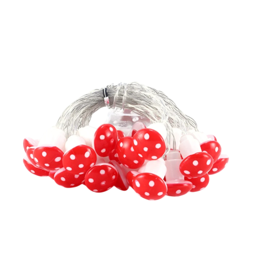Fénylánc 3m 20 LED piros légyölőgomba 4 cm Dekoratív karácsonyi világítás 3x AA elemmel otthonra, kertbe, bulira