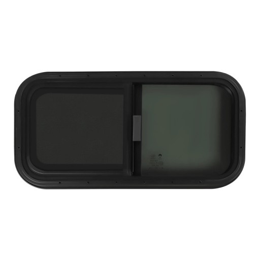 Fereastră glisantă pentru caravană Cadru din aluminiu negru cu plasă împotriva insectelor 70 x 40 cm Sticlă securizată fumurie și cauciuc Pentru autovehicule de recreere și remorci