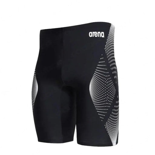 Férfi fekete fürdőnadrág fehér csíkokkal Lycra Testhezálló sportos szabás Rugalmas derék Fürdőnadrág strandra medencéhez arena felirattal