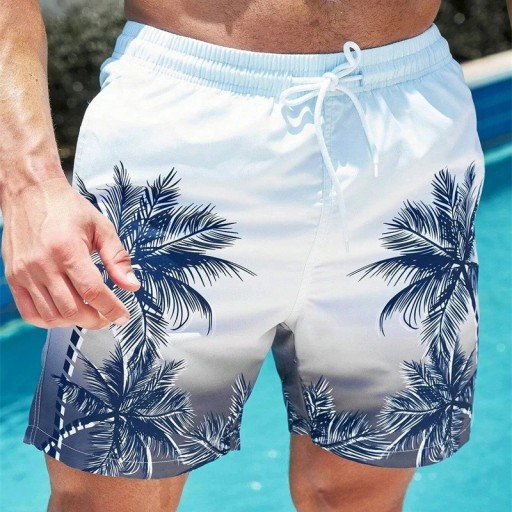 Férfi hawaii pálmafa mintás fürdőruha, lélegző, gyorsan száradó, nyári fürdőruha, laza, húzózsinóros