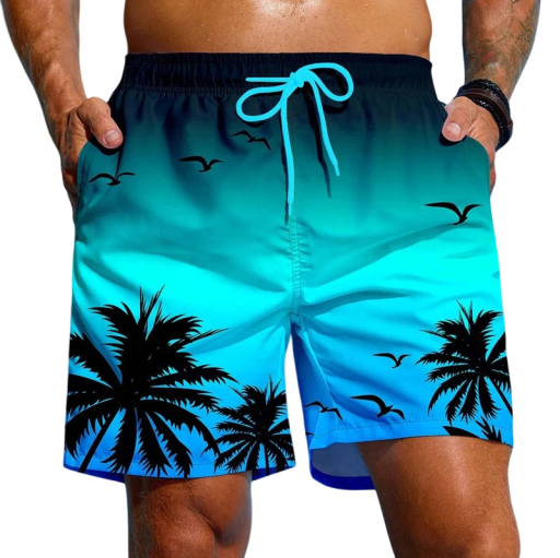 Férfi hawaii pálmafa mintás fürdőruha, lélegző, gyorsan száradó, nyári strandnadrág, laza, rövid fürdőruha rugalmas derékkal
