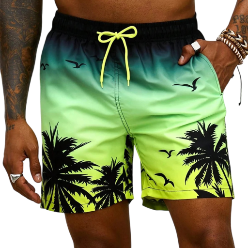 Férfi hawaii pálmafa mintás fürdőruha, lélegző, gyorsan száradó, nyári strandnadrág, laza, rövid fürdőruha rugalmas derékkal