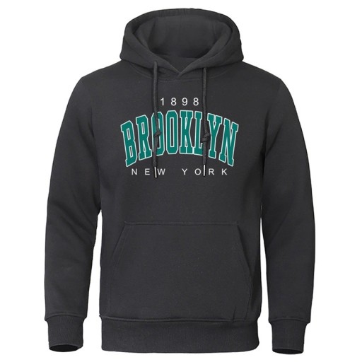 Férfi kapucnis pulóver zsebekkel Egyszínű sportpulóver finom Brooklyn felirattal a mellkason Kényelmes poliészter anyag