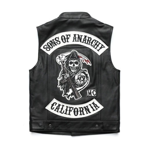 Férfi motoros mellény koponya mintával és Sons of Anarchy felirattal PU bőr fekete motorozáshoz és motoros stílushoz