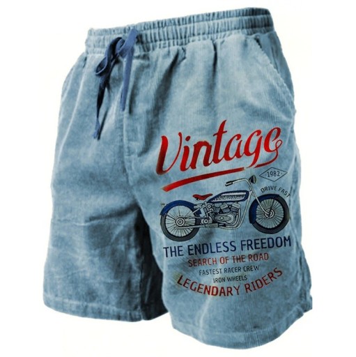 Férfi nyári légáteresztő rövidnadrág vintage motoros mintával. Könnyű, laza szabású, húzózsinóros. Stílusos, kényelmes rövidnadrág szabadidőre és utazáshoz.