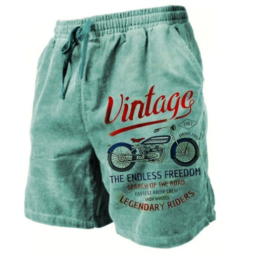 Férfi nyári légáteresztő rövidnadrág vintage motoros mintával. Könnyű, laza szabású, húzózsinóros. Stílusos, kényelmes rövidnadrág szabadidőre és utazáshoz.