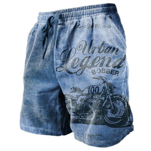 Férfi nyári, lélegző, húzózsinóros, könnyű, kényelmes anyagú, vintage motoros mintás, stílusos, hétköznapi rövidnadrág nyárra