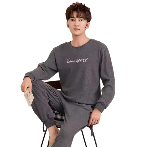 Férfi pizsama hosszú ujjú és nadrág O nyak Polyester Spandex Szürke kényelmes pizsama love sport felirattal