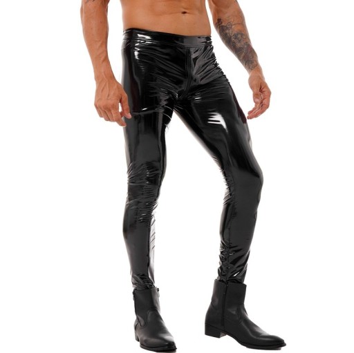 Férfi skinny, fényes lakkbőr nadrág Slim fit Nadrág cipzárral az üleprészen Divatos nadrág Stílusos férfi ruházat Elegáns megjelenés