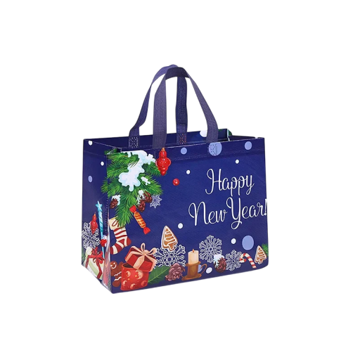 Fialová vánoční dárková taška Happy New Year z netkané textilie Opakovaně použitelná ekologická taška na dárky Elegantní balení na Vánoce