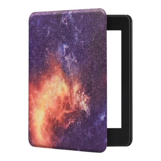 Fialovooranžové flipové pouzdro 6 palců na Kindle 10. generace 2019 s potiskem vesmíru plného hvězd a s popruhem na ruku i fólií