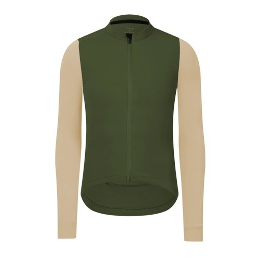 Fiets sportieve trui met lange mouwen en rits voor koudere periodes, met 3 achterzakken en 1 zijzak, groen-beige unisex
