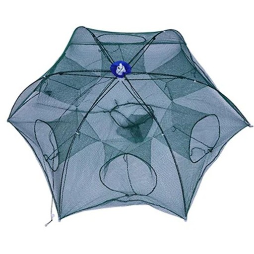 Filet de pêche portable avec six ouvertures Piège à poissons pliable Maille résistante Léger et compact Conception pour une pêche facile Utilisation facile en eau douce et salée