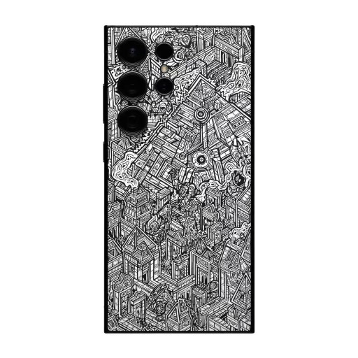 Film de protection en hydrogel pour Samsung Galaxy S24 Plus pour le dos du téléphone avec un motif illustré en noir et blanc d'une ville géométrique