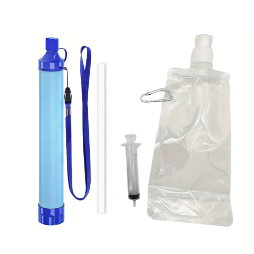 Filtru de apă portabil 0,01 microni pentru supraviețuire 1500L filtrare în 4 etape cu sac, tub și seringă camping drumeții călătorie