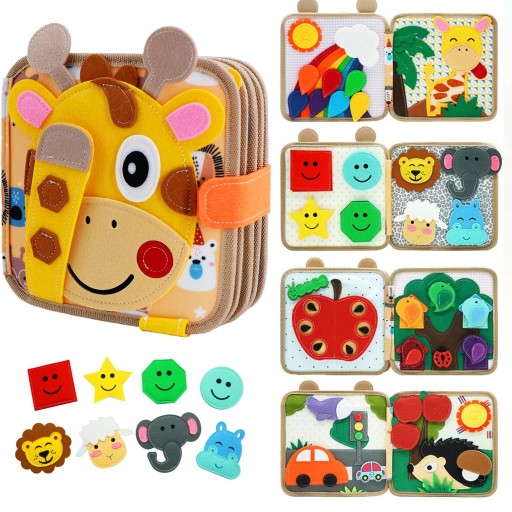 Filz Montessori aktive Buch Giraffe Busy Book 20 x 20 cm Abnehmbare Teile mit Klettverschluss Sensorisches Spielzeug für Kinder von 3 bis 6 Jahren