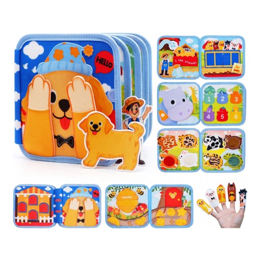 Filz Montessori aktive Buch Hund Busy Book 20 x 20 x 7 cm Mit Fingerpuppen Sensorisches Reisespielzeug für Kinder von 3 bis 6 Jahren