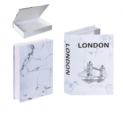 Finta libro London con spazio di archiviazione Libro decorativo apribile bianco marmorizzato con motivo Tower Bridge