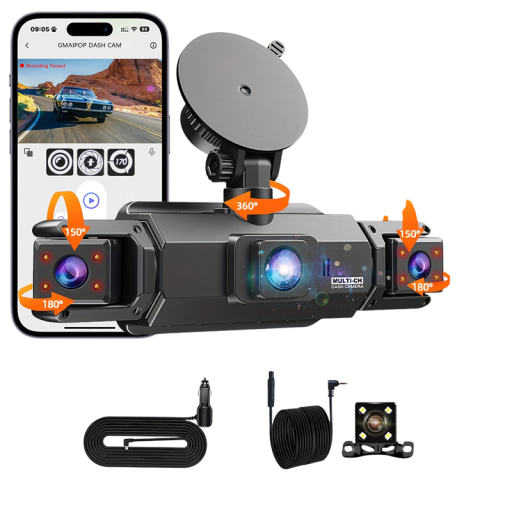 Firekanals bilkamera GMAIPOP Wi-Fi 1080P Full HD med 3" skærm, nattevision og roterende 360° holder, sort