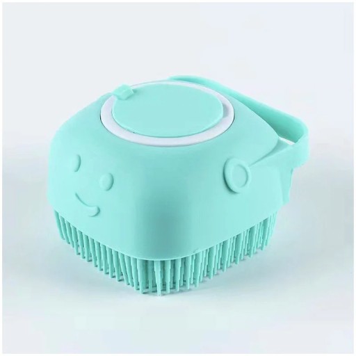 Firkantet massagebadebørste med et smil til hunde og katte 8x8,5x5,5 cm. Kæmbørste med shampoodispenser. Hårvaskebørste. Ergonomisk håndtag.