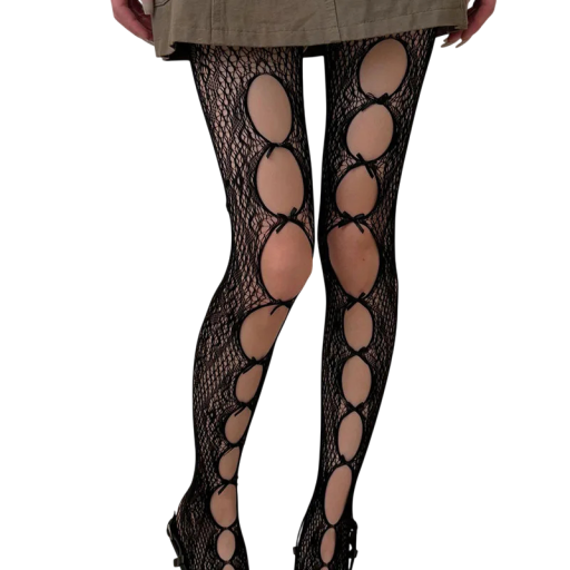 Fishnet tights with cut-out pattern and satin bows, lace women’s tights for party club cosplay JK y2k