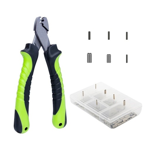 Fiskekrympetang med 300 stk. kabelforbindelser i seks størrelser 15,7 x 13,7 cm Professionel krympetang til stålkabler Krympetangsæt med forbindelser