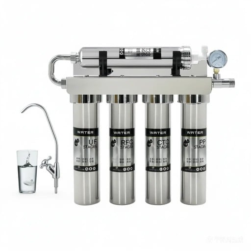 Five-Stage Stainless Steel Water Filter Ultrafiltration 0.01 Micron, 5 Cartridges with Activated Carbon and Water Softening, 510 x 83 x 340 mm, Silver