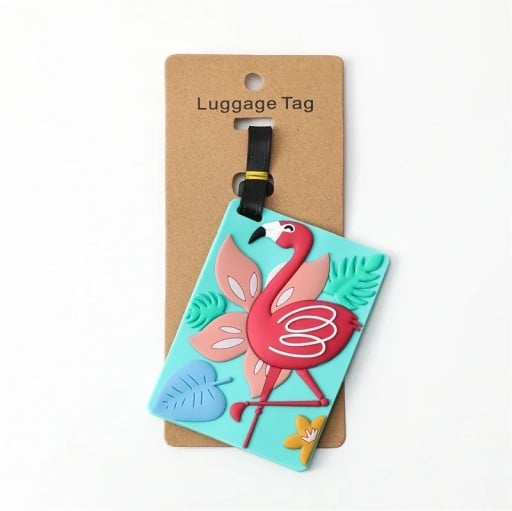 Flamingo-motivi matkakohteiden nimilappu 10,5 × 10,5 cm silikageelistä valmistettu monivärinen matkalaukun tai käsilaukun tunnistustarra