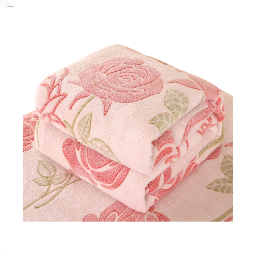 Fleece tæppe til bred seng 200 x 230 cm Lys rosa overtræk med rosemønster Stor blød plaid til sofaen og som lagen