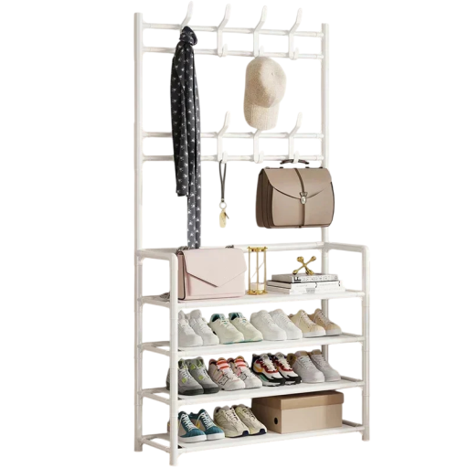 Flerlags tøj- og skohylde med 4 hylder og 8 kroge, stående plastikgulvorganisator, mål 152 x 60 x 25 cm