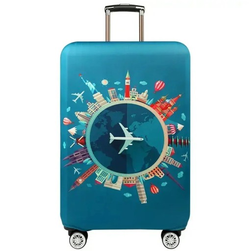Flexible Suitcase Cover with World and Airplane Design 48–53 cm Elastic Fabric Blue Protective Luggage Cover for Travel