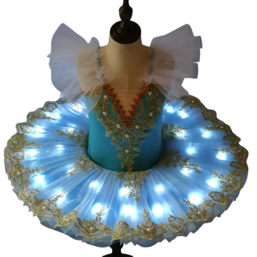 Flicka balett tutu klänning med LED-belysning, spetsbroderi och pärlor, polyester dansklänning för uppträdanden och recitals