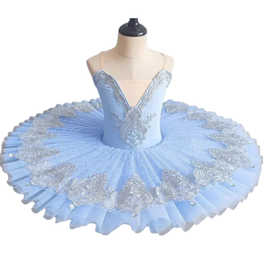 Flickbalettdräkt med silverornamentell broderi, klassisk pancake tutu kostym av acetamid och chiffong för dansföreställningar och tävlingar