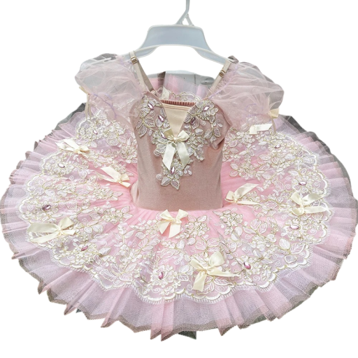 Flickors balett tutu klänningar med spetsbroderi, stenar och rosetter, polyester, rosa, för balett och uppträdanden i dansgrupper