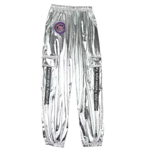 Flickors dansbyxor med fickor för hip hop, metalliska silverbyxor i polyester med resår i midjan och applikation för street dance