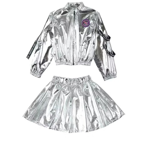 Flickors dansset jacka och kjol för hip hop, metallisk silveruppsättning av polyester med applikation för street dance och uppträdande