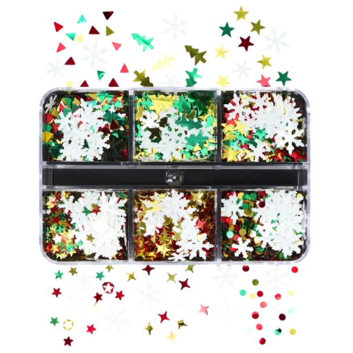 Flitry 3-4 g Różne kształty i kolory Pudełko z 6 przegródkami Dekoracyjne flitry do tworzenia Nail art Sztuka DIY Rękodzieło Scrapbooking