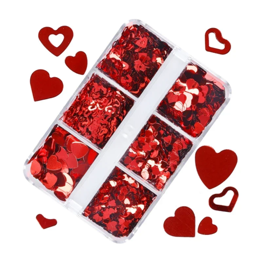 Flitry červená srdce 3-4 g 6 tvarů a velikostí Lesklé dekorace na nehty, karty, scrapbooking, DIY tvoření a valentýnské ozdoby
