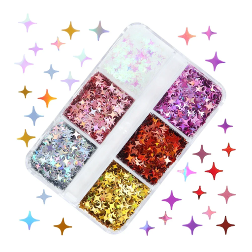 Flitry hvězdičky 3-4g 6 barev Dekorační flitry na nehty, přání, slime, umění, scrapbooking, ruční tvoření a kreativní dekorace