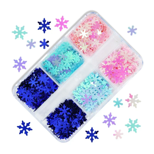 Flitry sněhové vločky 3-4g Různé barvy Krabička se 6 přihrádkami Dekorace na nehty Vánoční ozdoby Scrapbooking Ruční tvoření