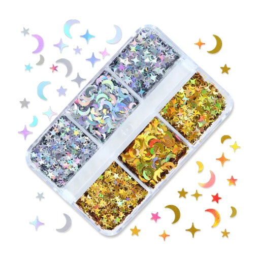 Flitry ve tvaru hvězd a měsíce Zlaté a stříbrné 3-4 g Dekorační třpytky Krabička se 6 přihrádkami Ruční tvoření Nail Art DIY