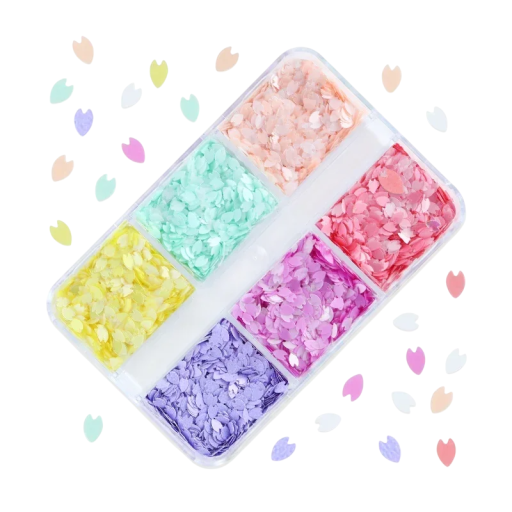 Flitry ve tvaru květinových lístků 3-4g Různé barvy Dekorační flitry v krabičce se 6 přihrádkami pro šití scrapbooking tvoření