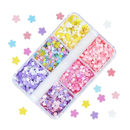 Flitry ve tvaru kytiček 3–4 g Mix barev Krabička s 6 přihrádkami Dekorační ozdoby pro scrapbooking Nail Art Ruční tvoření DIY