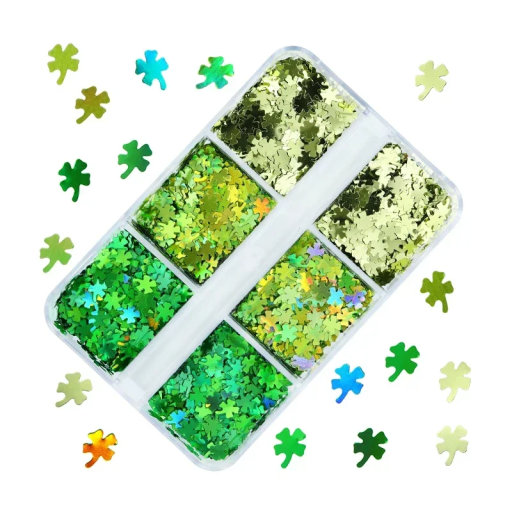 Flitry w kształcie czterolistnej koniczyny 3-4g Zielone odcienie Dekoracyjne konfetti Sześć przegródek w pudełku Ręczne tworzenie Scrapbooking Nail Art