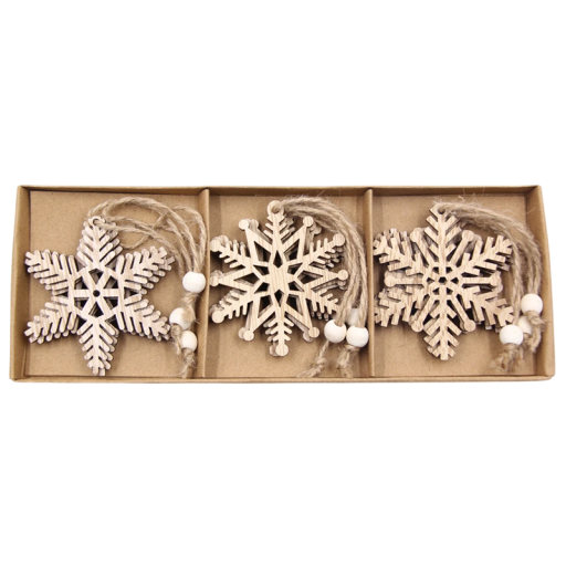 Flocons de neige en bois 8,5 x 23,5 cm 12 pcs 3 styles Ornements de Noël creux avec cordon pour suspension Décoration de sapin dans une boîte cadeau