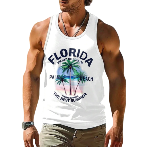 Florida férfi tílko Poliészter anyag O nyakú Pálmafás nyomtatás és Florida felirat Nyári design Könnyű egyenes szabás