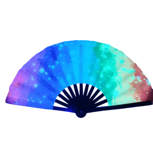 Fluoreszierender Faltfächer, 33 cm, Regenbogen-Bambusfächer mit Stoffbezug, Tanzfächer für Festivals, Performance-Dekoration